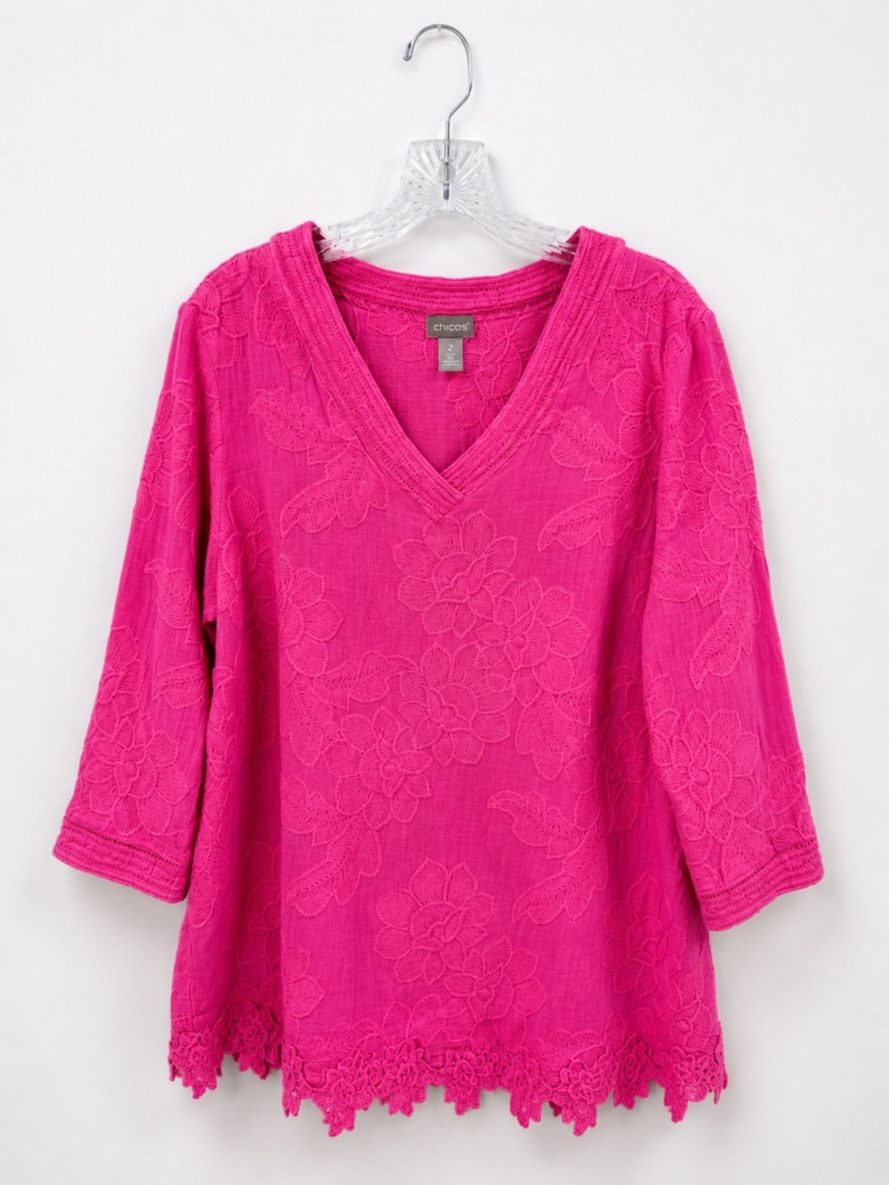 Chico’s Pink Floral Embroidered Tunic Top Crochet Hem Boho Size Large (2)